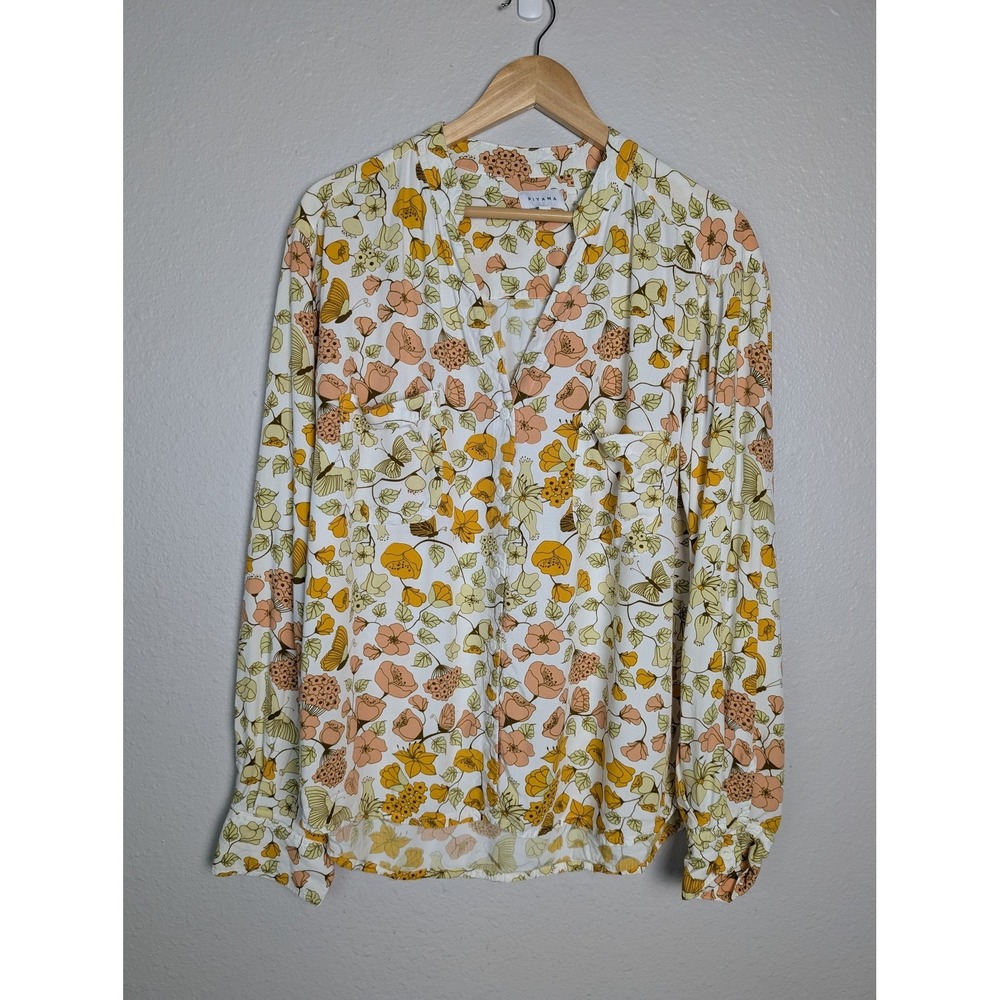PIYAMA Blouse Womens XL White Floral Rayon V-Neck Long Sleeve Button Pockets